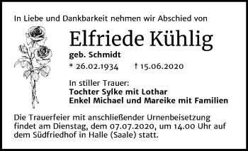 Traueranzeige von Elfriede Kühlig von Mitteldeutsche Zeitung Halle/Saalkreis