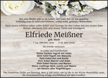 Traueranzeige von Elfriede Meißner von Wochenspiegel Weißenfels