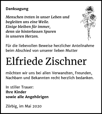 Traueranzeige von Elfriede Zischner von Wochenspiegel Bitterfeld