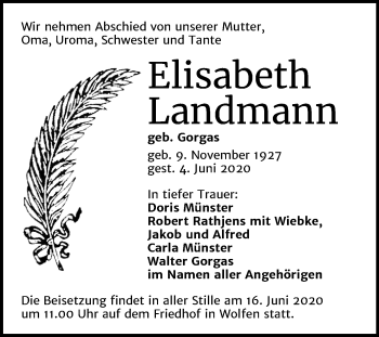 Traueranzeige von Elisabeth Landmann von Wochenspiegel Bitterfeld
