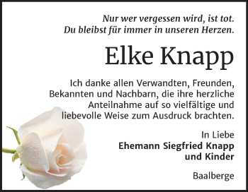 Traueranzeige von Elke Knapp von Super Sonntag Bernburg
