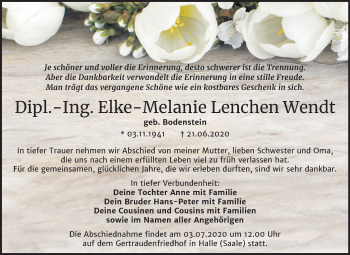 Traueranzeige von Elke-Melanie Lenchen Wendt von Mitteldeutsche Zeitung Halle/Saalkreis