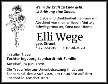 Traueranzeige von Elli Wege von Super Sonntag Mansfelder Land