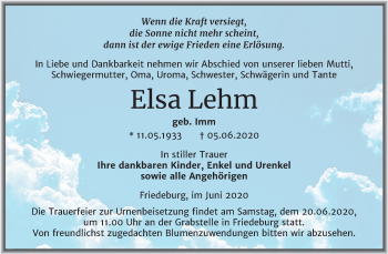 Traueranzeige von Elsa Lehm von Mitteldeutsche Zeitung Mansfelder Land