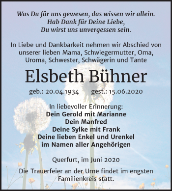 Traueranzeige von Elsbeth Bühner von Mitteldeutsche Zeitung Merseburg/Querfurt