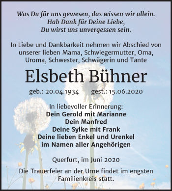 Traueranzeige von Elsbeth Bühner von Wochenspiegel Merseburg/Querfurt