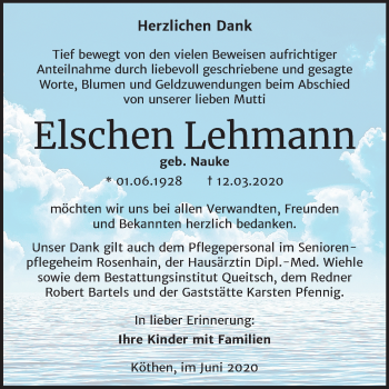 Traueranzeige von Elschen Lehmann von Mitteldeutsche Zeitung Köthen