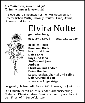 Traueranzeige von Elvira Nolte von Super Sonntag Sangerhausen