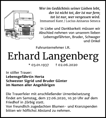Traueranzeige von Erhard Langenberg von Wochenspiegel Bitterfeld