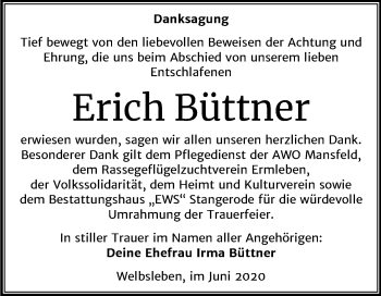 Traueranzeige von Erich Büttner von Mitteldeutsche Zeitung Mansfelder Land / Quedlinburg