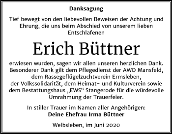Traueranzeige von Erich Büttner von Wochenspiegel Mansfelder Land / Quedlinburg