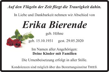 Traueranzeige von Erika Bierende von Mitteldeutsche Zeitung Quedlinburg