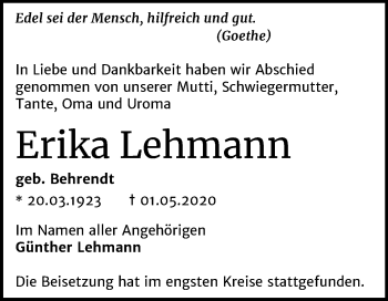 Traueranzeige von Erika Lehmann von Mitteldeutsche Zeitung Halle/Saalkreis