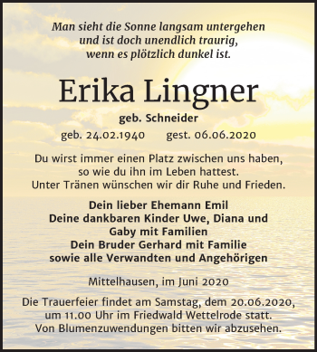 Traueranzeige von Erika Lingner von Mitteldeutsche Zeitung Sangerhausen