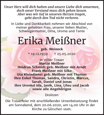 Traueranzeige von Erika Meißner von Wochenspiegel Naumburg/Nebra