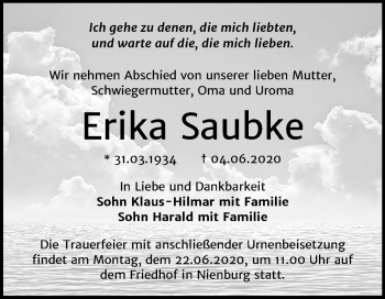 Traueranzeige von Erika Saubke von Mitteldeutsche Zeitung Bernburg