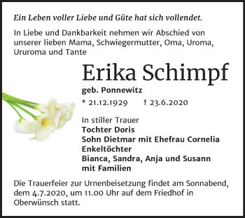 Traueranzeige von Erika Schimpf von Super Sonntag Merseburg/Querfurt
