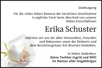 Traueranzeige von Erika Schuster von Mitteldeutsche Zeitung Mansfelder Land