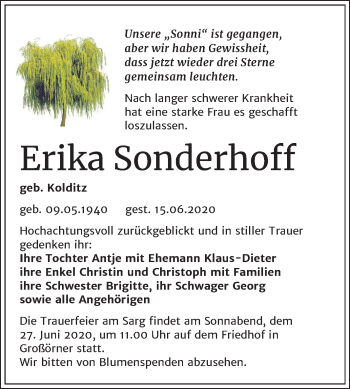 Traueranzeige von Erika Sonderhoff von Wochenspiegel Mansfelder Land