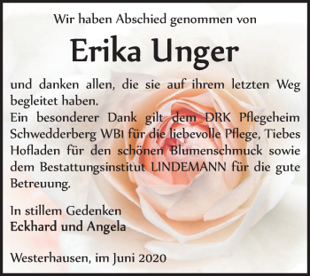 Traueranzeige von Erika Unger von Mitteldeutsche Zeitung Quedlinburg
