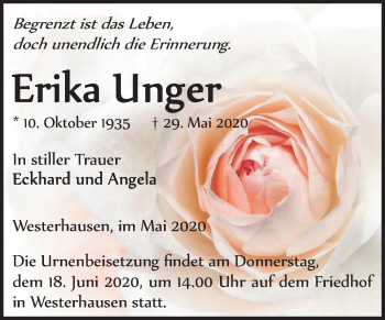 Traueranzeige von Erika Unger von Super Sonntag Quedlinburg