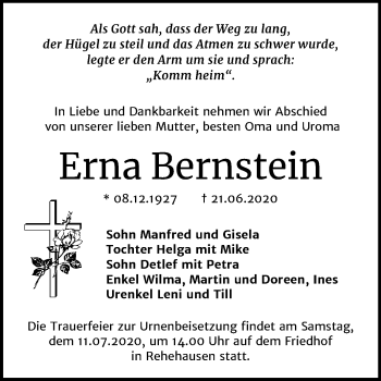 Traueranzeige von Erna Bernstein von Mitteldeutsche Zeitung Naumburg/Nebra