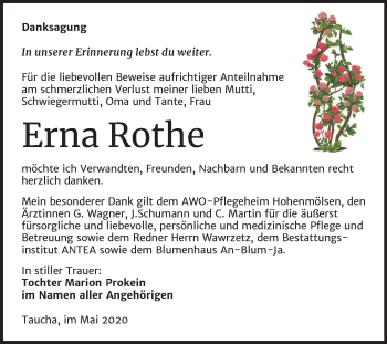 Traueranzeige von Erna Rothe von Wochenspiegel Weißenfels