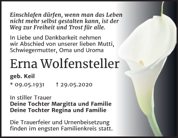 Traueranzeige von Erna Wolfensteller von Super Sonntag Wittenberg