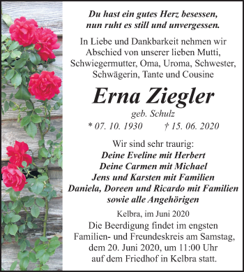 Traueranzeige von Erna Ziegler von Mitteldeutsche Zeitung Sangerhausen