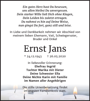 Traueranzeige von Ernst Jans von Mitteldeutsche Zeitung Merseburg/Querfurt