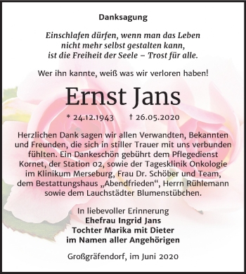 Traueranzeige von Ernst Jans von Mitteldeutsche Zeitung Merseburg/Querfurt