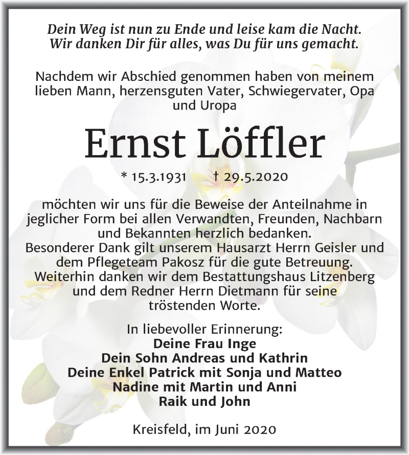  Traueranzeige für Ernst Löffler vom 20.06.2020 aus Super Sonntag Mansfelder Land