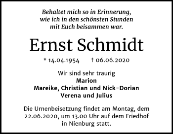Traueranzeige von Ernst Schmidt von Mitteldeutsche Zeitung Bernburg