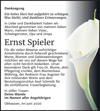 Traueranzeige von Ernst Spieler von Mitteldeutsche Zeitung Merseburg/Querfurt