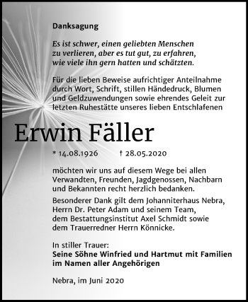 Traueranzeige von Erwin Fäller von Mitteldeutsche Zeitung Naumburg/Nebra