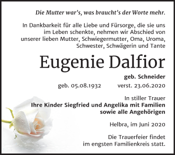 Traueranzeige von Eugenie Dalfior von Mitteldeutsche Zeitung Mansfelder Land