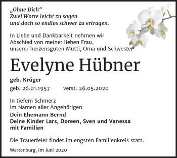 Traueranzeige von Evelyne Hübner von Mitteldeutsche Zeitung Wittenberg