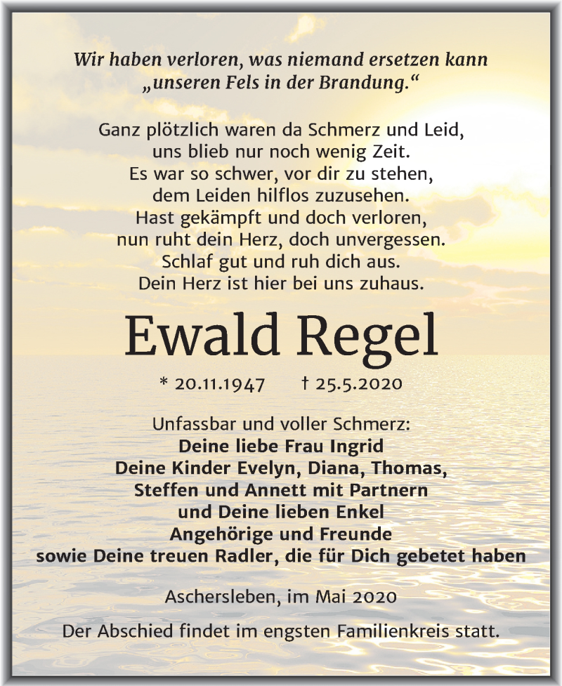  Traueranzeige für Ewald Regel vom 05.06.2020 aus Mitteldeutsche Zeitung Mansfelder Land
