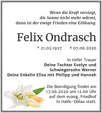 Traueranzeige von Felix Ondrasch von Mitteldeutsche Zeitung Halle/Saalkreis