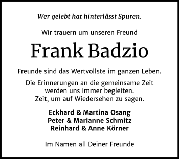 Traueranzeige von Frank Badzio von Mitteldeutsche Zeitung Zeitz