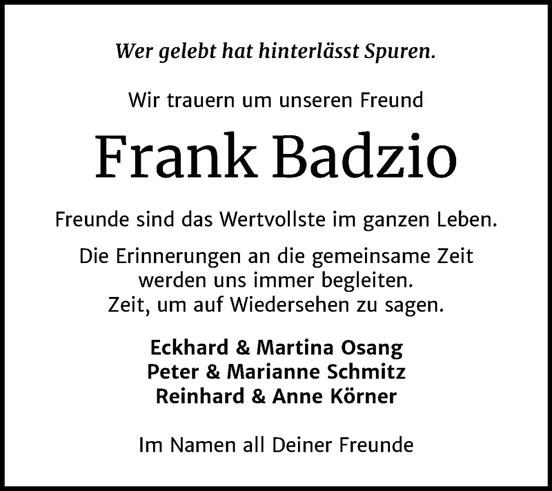  Traueranzeige für Frank Badzio vom 06.06.2020 aus Mitteldeutsche Zeitung Zeitz