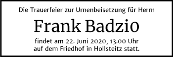Traueranzeige von Frank Badzio von Mitteldeutsche Zeitung Zeitz