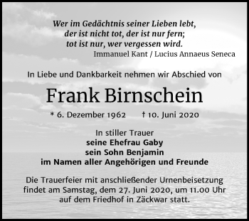 Traueranzeige von Frank Birnschein von Wochenspiegel Naumburg/Nebra