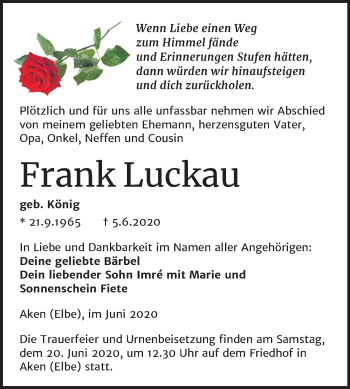 Traueranzeige von Frank Luckau von Super Sonntag Köthen