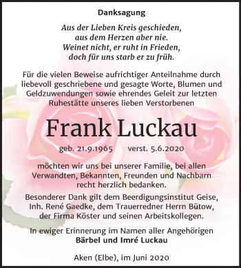 Traueranzeige von Frank Luckau von Super Sonntag Köthen