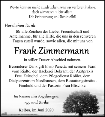 Traueranzeige von Frank Zimmermann von Mitteldeutsche Zeitung Sangerhausen