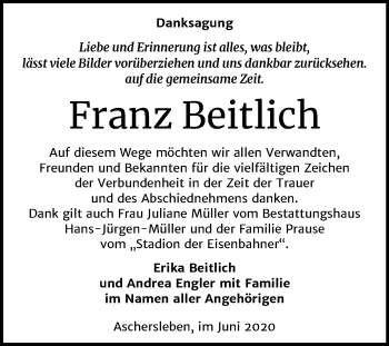 Traueranzeige von Franz Beitlich von Super Sonntag Aschersleben