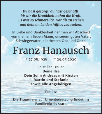 Traueranzeige von Franz Hanausch von Super Sonntag Naumburg/Nebra