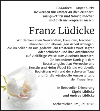 Traueranzeige von Franz Lüdicke von Super Sonntag Aschersleben