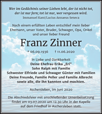 Traueranzeige von Franz Zinner von Mitteldeutsche Zeitung Aschersleben
